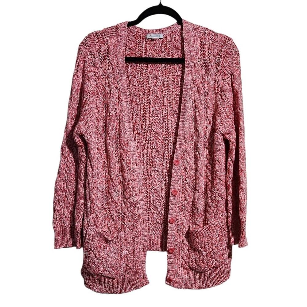 Garnet Hill Cardigan Womens M Peach Pink Cable Knit Minimalist Sweater Pockets